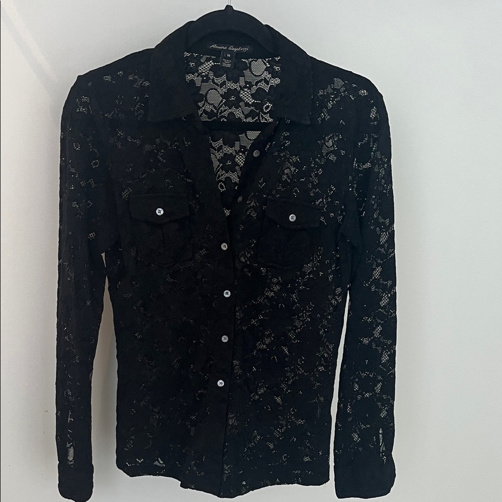 Gorgeous Sandra Angelazzi Black Stretch-Lace Shirt Blouse